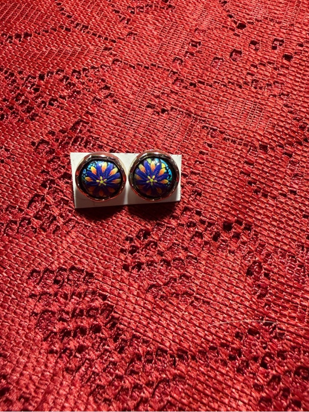 Vintage Boho Millefiori Floral Stud Earrings Blue & Orange Mosaic Indie